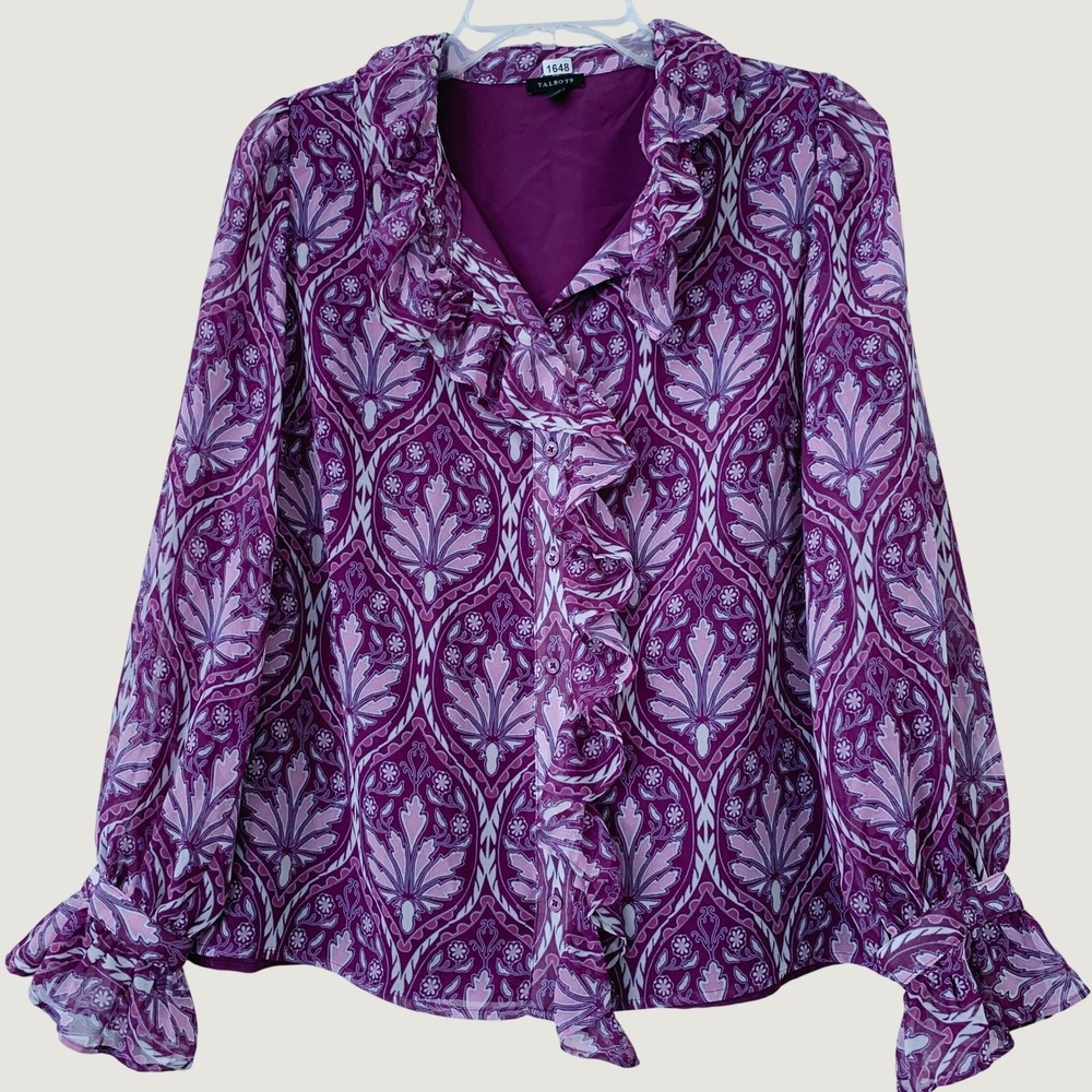 Talbots Blouse Women L Purple Floral Ruffle Neck Long Sleeve Button Front Top - Picture 2 of 10